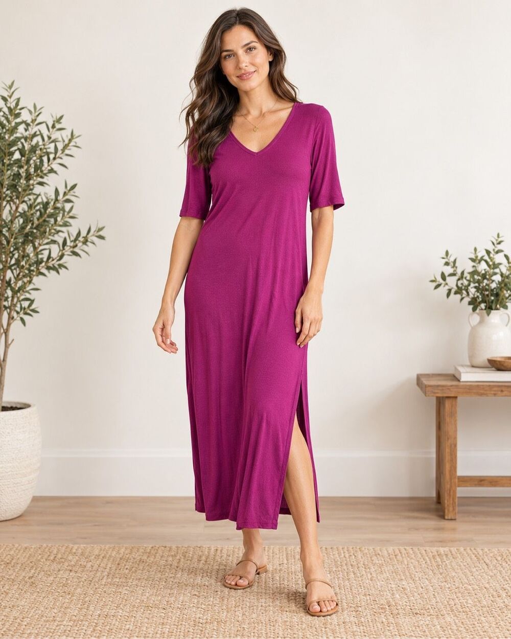 Boden NWT Magenta V Neck Midi Dress Side Slit Stretch Jersey US 2R